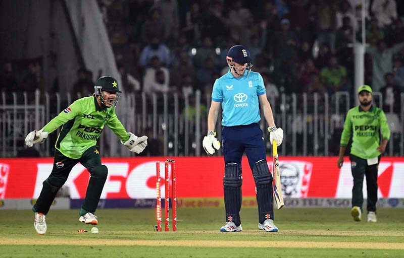 England’s batter Harry Brook bowled out during the ODI tri-nation series match between Pakistan and England at Rawalpindi Cricket Stadium