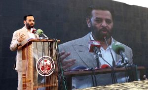 Federal Minister for Health Syed Mustafa Kamal addressing during attending the inaugural ceremony of 'Career Connect 2026, organized by the Department of Computer Science at the University of Karachi