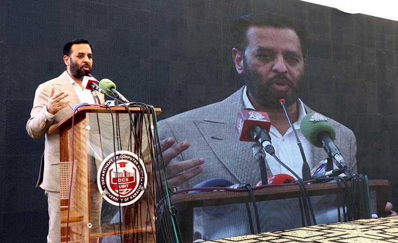 Federal Minister for Health Syed Mustafa Kamal addressing during attending the inaugural ceremony of 'Career Connect 2026, organized by the Department of Computer Science at the University of Karachi