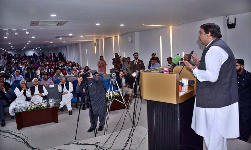Speaker Punjab Assembly Malik Muhammad Ahmad Khan is addressing to seminar at The University of Faisalabad (TUF)