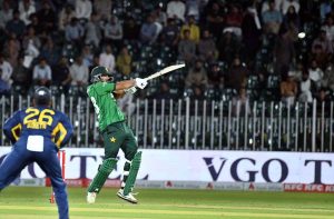 Pakistan’s batter Sahibzada Farhan plays a shot during the third T20 cricket match between Pakistan and Sri Lanka at Rawalpindi Cricket Stadium