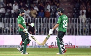 Pakistan’s batter Sahibzada Farhan plays a shot during the third T20 cricket match between Pakistan and Sri Lanka at Rawalpindi Cricket Stadium