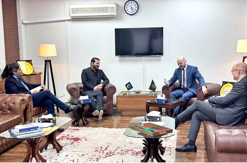 Minister of State for Law and Justice Barrister Aqeel Malik meets Mr. Konrad Duda, Policy Officer for Pakistan at the European External Action Service (EEAS), and Mr. Piotr Buszta, Head of the Political, Trade and Communication Section at the European Union Delegation to Pakistan, at the Ministry of Law and Justice